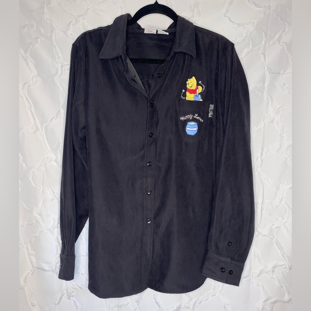 VTG Disney Button Down Soft Black Shirt Embroidered Winnie the Pooh XL